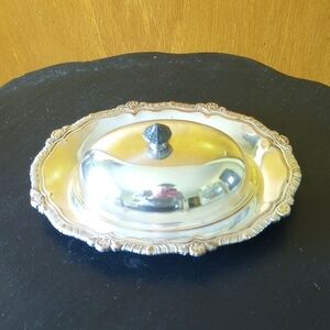 Elegant Silver Serveware with Scalloped Edge and Domed Lid and Copper Accents